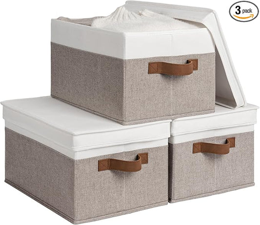 StorageWorks Large Storage Bins with Lids, Decorative Storage Boxes with Lid and PU Handles, Foldable Storage Baskets for Closet, Shelves, Stackable, Brown and White, 3-Pack-Ruum Studio Home
