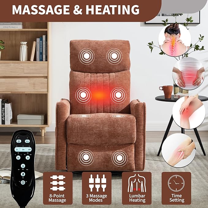 Manual Swivel Rocker Recliner Chair for Adults, Overstuffed Reclining Glider Chair for Nursing with Vibration Massage & Heat, Living Room Rocking Recliner 2-Stage backrest, Chenille Fabric Orange-Ruum Studio Home