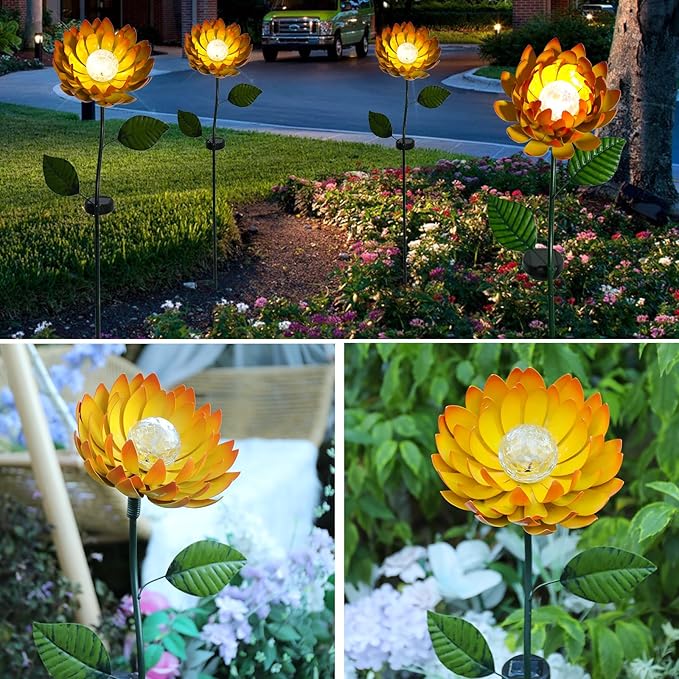 VCUTEKA Solar Garden Lights Metal Flower Decor Colorful Yellow Flowers Solar Pathway Light with LED Cracked Crystal Ball Outdoor Decorative Stake for Patio Yard Lawn-Ruum Studio Home