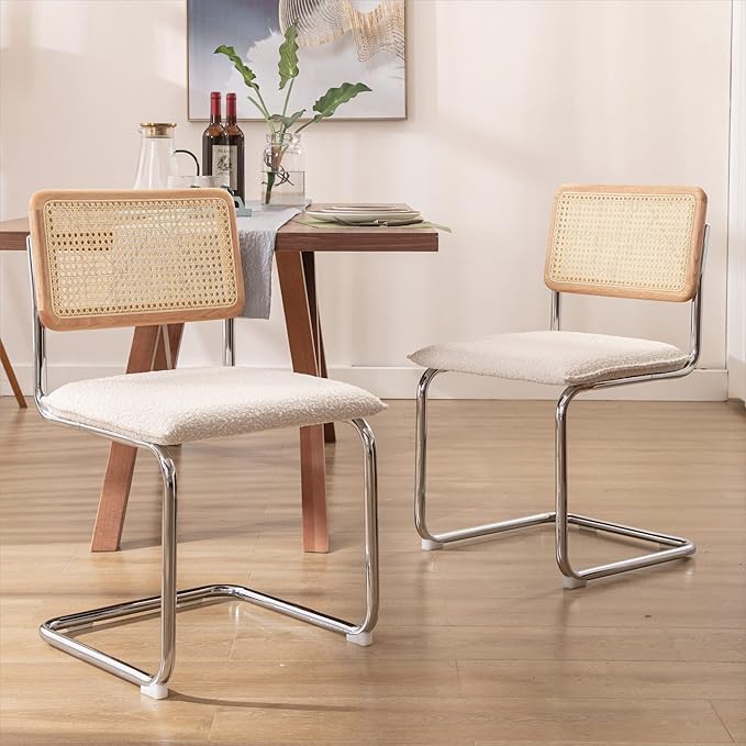Mid Century Modern Rattan Dining Chairs Set of 2, Boucle Kitchen Chairs with Handwoven Mesh Rattan Backrest and Metal Legs, Upholstered Accent Side Chairs, White-Ruum Studio Home