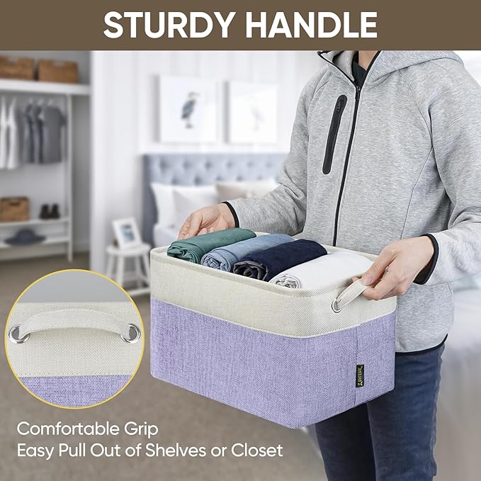 BALEINE 3 Pack Fabric Storage Bins for Shelves, Linen Storage Baskets for Organizing, Decorative Closet Bins for Clothes, Home (Lavender, 15''x11''x9.5'')-Ruum Studio Home