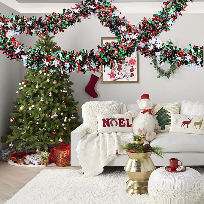 50 Feet Green Red Christmas Metallic Tinsel Twist Hanging Garland with Snowflake for Home Mantle Xmas Tree Staircase Railing New Year Holiday Party Indoor Outdoor Decorations-Ruum Studio Home