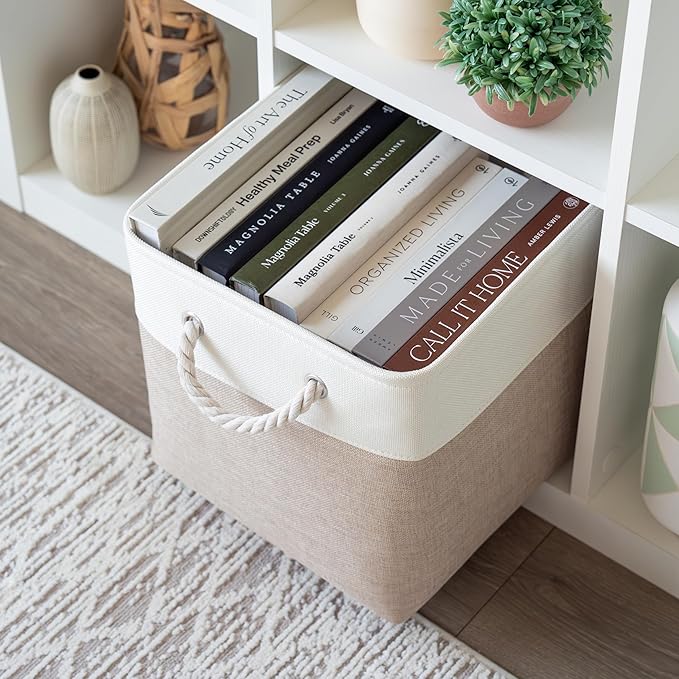 OrganiHaus 12x12 Cube Storage Bins 4 Pack, Foldable Cube Storage Organizer w/ Rope Handles, Collapsible Fabric Bins for Toys, Clothes & Closet Organization, Fabric Square Baskets - Beige/White-Ruum Studio Home