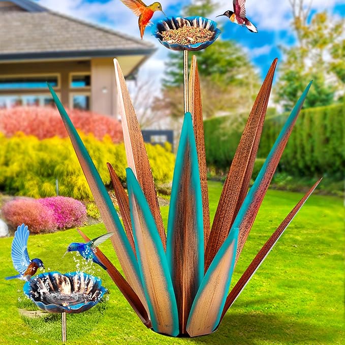 Large Tequila Rustic Sculpture, Rustic Metal Agave Plants for Outdoor, Home Decor Garden Yard Statue (Blue - L (W/Bird Feeder))-Ruum Studio Home