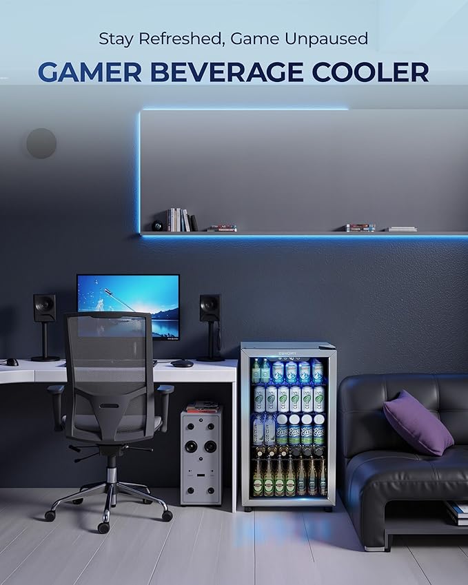 EUHOMY Beverage Refrigerator and Cooler, 128 Can Mini fridge with Glass Door, Small Refrigerator with Adjustable Shelves for Soda Beer or Wine, Perfect for Home/Bar/Office, Silver-Ruum Studio Home