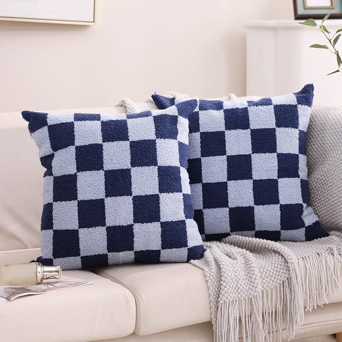 Alysheer Checkered Embroidered Decorative Throw Pillow Covers 18"x 18" Set of 2, Classic Chic Navy Blue Plaid Tufted Patterned Cotton Canvas Cushion Case for Sofa Couch Bed Living Room-Ruum Studio Home