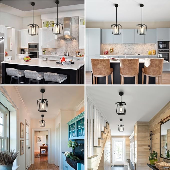 2 Pack 1-Light Black Pendant Lights for Kitchen Island, Farmhouse Metal Pendant Light Iron Cage Hanging Light Fixtures with Clear Glass Shade for Dining Room, Entryway, Hallway, Foyer-Ruum Studio Home