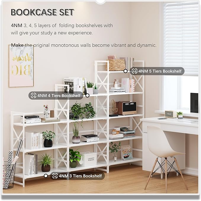4NM 5 Tiers No Assembly Book Shelves, 51.2" H Folding Bookshelf Bookcase Open Industrial Foldable Shelves for Bedroom, Living Room, Home Office - All White-Ruum Studio Home