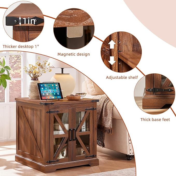 24" End Table with Charging Station, Farmhouse Night Stand with Glass Barn Door, Green Nightstands with Adjustable Storage Shelf, Large Wood Square Bed Side Table for Living Room, Bedroom-Ruum Studio Home