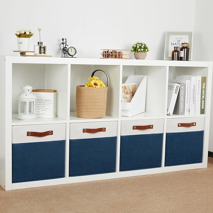 HNZIGE Fabric Storage Cubes Bins for Shelves,13x13 Storage Cubes, Set Of 4 Foldable Cubby Storage Bins for Organizing, Cloth Blue Storage Baskets for Cube Organizer Toy Nursery Shelves(Blue&White)-Ruum Studio Home