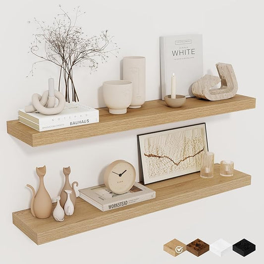 Fun Memories Floating Shelves for Wall, 32" Rustic Wood Deep Wall Mounted Shelves with Invisible Brackets for Decor & Storage, Floating Shelf for Living Room, Bathroom (Oak, Set of 2)-Ruum Studio Home