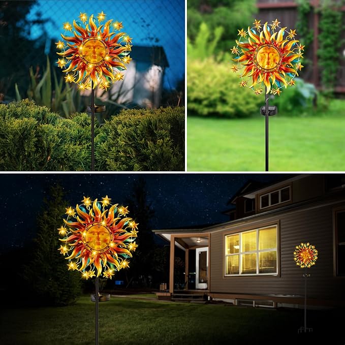 Solar Wind Spinner Metal Sun Decor, Wind Sculptures & Spinners 60.3 in Garden Kinetic Art with Solar Powered Vine String Shining LED Lights for Outdoor Garden Lawn Yard-Ruum Studio Home