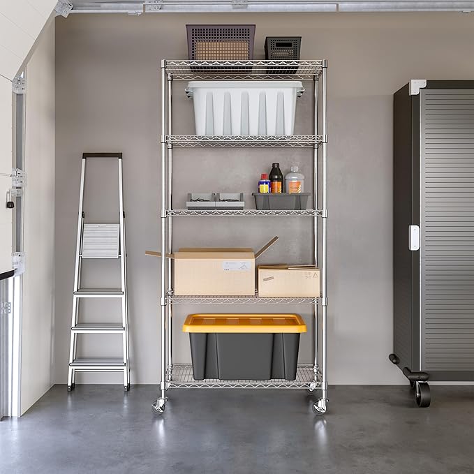 Seville Classics UltraDurable Heavy Duty NSF Solid Steel Wire Rack Storage Unit, Organizer for Garage, Warehouse, Office, Restaurant, Classroom, Kitchen, Silver, 5-Tier Shelving, 36" W x 14" D-Ruum Studio Home