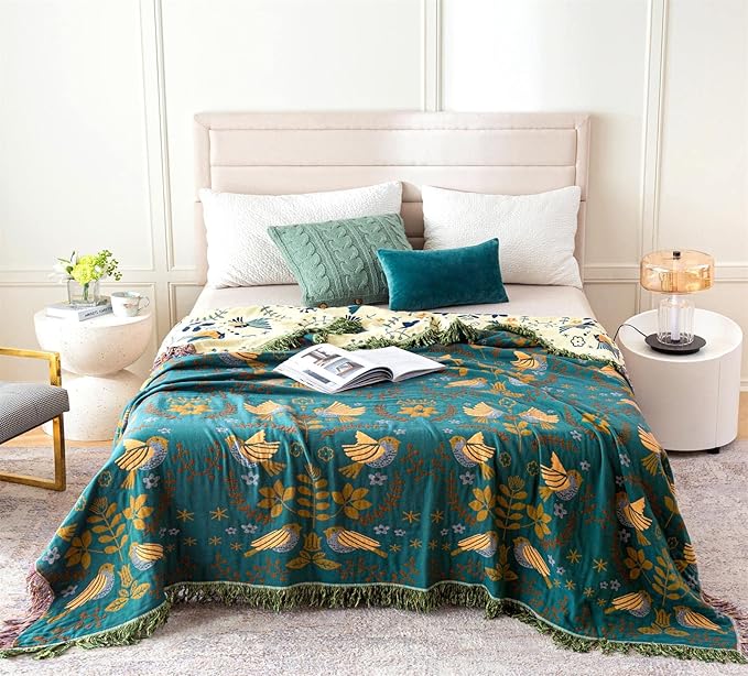 Summer Throw Blanket for Bed Couch 90''x 98'' Boho Throws 100% Cotton Muslin Travel Mexican Blanket Warm Soft Blankets Decorative Farmhouse Vintage Throws and Best Gifts-Ruum Studio Home