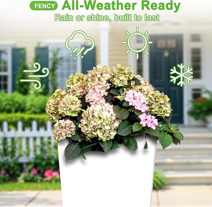 FENCY Set of 2 Tall Planters for Outdoor Plants, 24 Inch Large Tapered Pots with Drainage Trays, Weather-Resistant Plastic Plant Containers for Patio, Porch, Garden, Front Door Decor,White-Ruum Studio Home