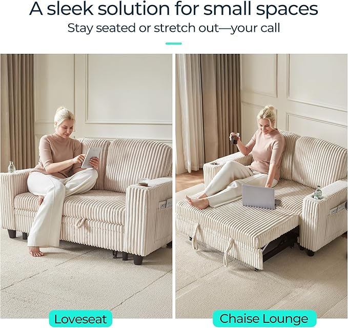 LINSY HOME Loveseat Sofa with Pull Out Couch Chaise: 2-in-1 Convertible 2 Seater Sofa with USB Charging & Cup Holders, Comfy Plush Corduroy Love Seat for Small Spaces Living Room Apartment, Beige-Ruum Studio Home