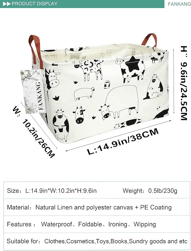 FANKANG Storage Basket,Nursery Hamper Canvas Laundry Basket Foldable with Waterproof PE Coating Storage, Office, Bedroom, Clothes,Toys(L, Rec-cows)-Ruum Studio Home