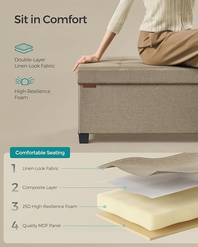 SONGMICS Storage Ottoman Bench, Foldable Foot Rest with Legs, 15 x 43 x 15.7 Inches, End of Bed Bench, Storage Chest, Load up to 660 lb, for Living Room, Bedroom, Entryway, Camel Brown ULSF018K01-Ruum Studio Home