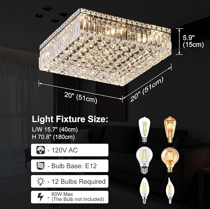 12-Lights Black Crystal Flush Mount Ceiling Light Fixtures,Elegant Crystal Chandelier Pendant Ceiling Lamp for Bedroom,Living Room,Dining Room,Hallway H5.9 x W20 x L20 (Bulb Not Included)Square-Ruum Studio Home