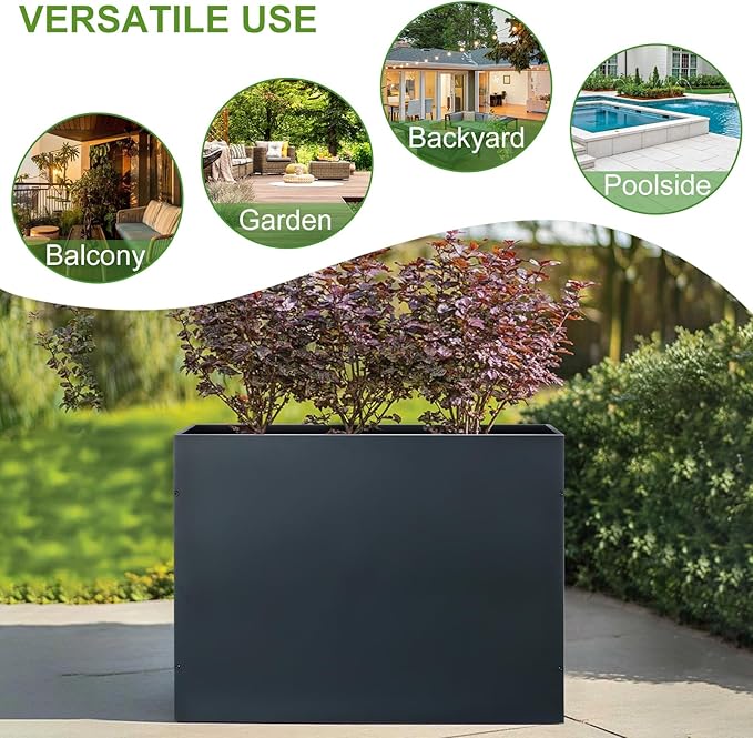 BAYN Metal Rectangular Planter Box Tall Planters for Outdoor Plants Modern Heavy Duty with Drainage Holes for Outside Indoor Patio Deck - Grey, 32”x 12”x 24”-Ruum Studio Home