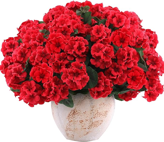 Hananona 12 Bundles Artificial Geranium Flowers for Outdoors Silk Geranium Flowers Outdoor UV Resistant Garden Plants Faux Flower for Home Kitchen Table Centerpieces Decor (12, Red)-Ruum Studio Home