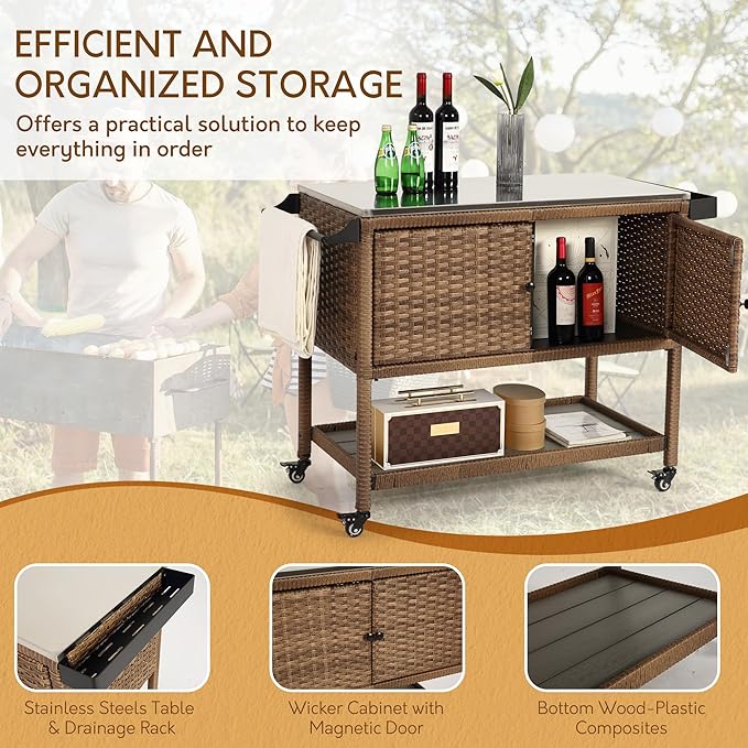 Wicker Outdoor Bar Cart with 4 Lockable Casters, Patio Prep Stainless Table with 2 Ratten Doors Storage Cabinet,Island Cart with WPC Shelf for Grill, Kitchen and Garden, Brown-Ruum Studio Home