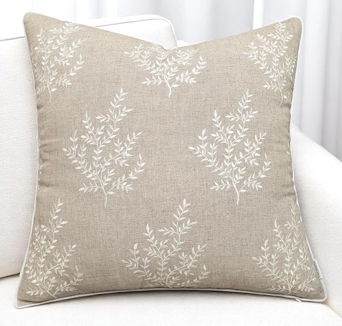 VAGMINE Embroidered Leaves Throw Pillow Cover - 20x20 Inches Square - 100% Linen Natural Throw Pillowcase - Elegant Neutral Leaf Design - Minimalist Rustic Home Accent for Sofa, Bed, Couch, Lounge-Ruum Studio Home