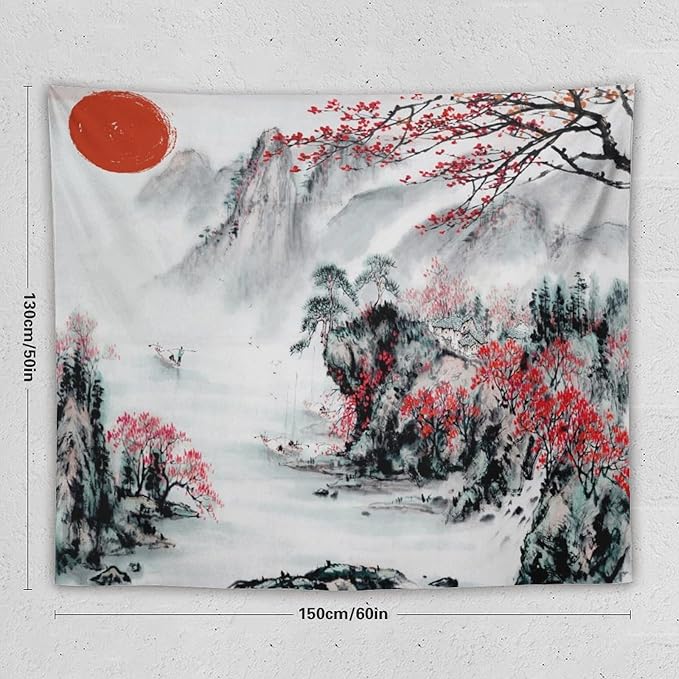 Cherry Blossoms Tapestry,Japanese Red Landscape Asian Watercolor Abstract Art Tapestry, Asian Japanese Wall Tapestry, Nature Landscape Tapestries for Bedroom Living Room Decor 60"x50"-Ruum Studio Home