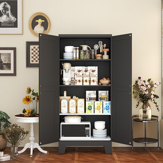 Black Metal Storage Cabinet, 61" Steel Cabinets for Home Office, Kitchen Pantry Storage Cabinet with Doors and 3 Adjustable Shelves, Metal Tool Cabinet, for Office, Home, Garage, School-Ruum Studio Home