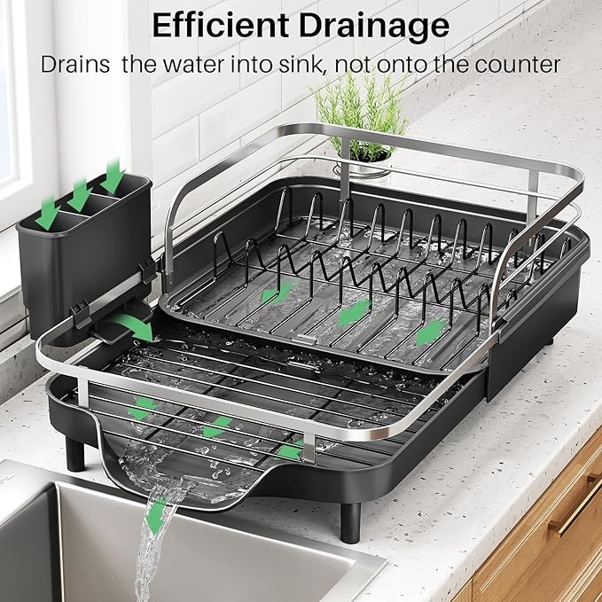 Dish Drying Rack, Expandable Dish Rack for Kitchen Counter, Stainless Steel Dish Drainer with Drainboard Set and Utensil Holder (Black)-Ruum Studio Home
