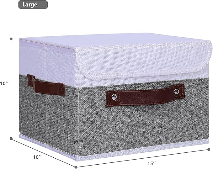 ANMINY 4PCS Storage Boxes with Lid Washable Decorative Storage Bins Basket with PU Leather Handle Foldable Linen Fabric Storage Cubes Containers for Home Closet Organizer - Gray White, Large Size-Ruum Studio Home