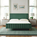 Livinia Queen Size Elton Velvet Platform Bed, Upholstered Bed Frame with Vertical Channel Tufted Headboard Footboard, Strong Wood Slats, No Box Spring Needed, Green (Queen)-Ruum Studio Home