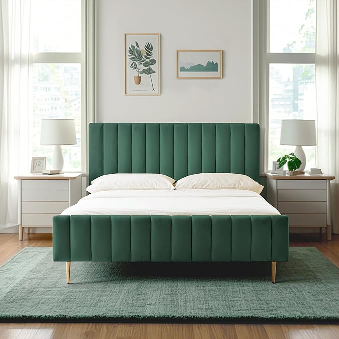 Livinia Queen Size Elton Velvet Platform Bed, Upholstered Bed Frame with Vertical Channel Tufted Headboard Footboard, Strong Wood Slats, No Box Spring Needed, Green (Queen)-Ruum Studio Home
