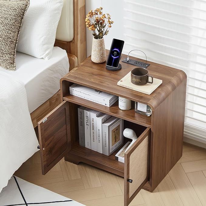 24" Large Side Table with Charging Station, Mid Century Modern End Table with USB/Type-C Ports, Curved Wood Nightstand with Storage & Natural Linen, Couch Side Table for Living Room Bedroom, Walnut-Ruum Studio Home
