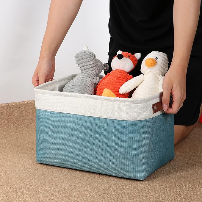 DULLEMELO Storage Baskets for Shelves, Fabric Collapsible Rectangular Storage Bins for Shelves, Closets, Nursery, Home, Empty Gift Baskets (3-Pack Medium-15 inch X 11 inch X 9.5 inch , White&Teal)-Ruum Studio Home