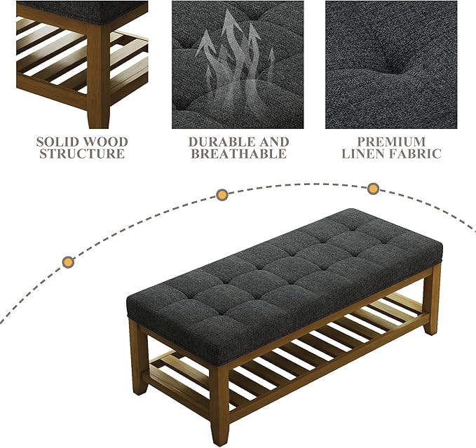 Large Rectangular Upholstered Ottoman Bench, Linen Tufted Footrest Ottoman with Solid Wood Shelf Storage Coffee Table for Bedroom Living Room, Dark Gary-Ruum Studio Home