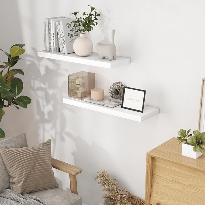 Fun Memories White Floating Shelves 32 Inch Long, 9 Inch Deep Floating Bookshelf Wall Mounted, Farmhouse Wood Shelves White for Bathroom, Living Room, Bedroom, Home Decor Deep Shelf for Wall Set of 2-Ruum Studio Home