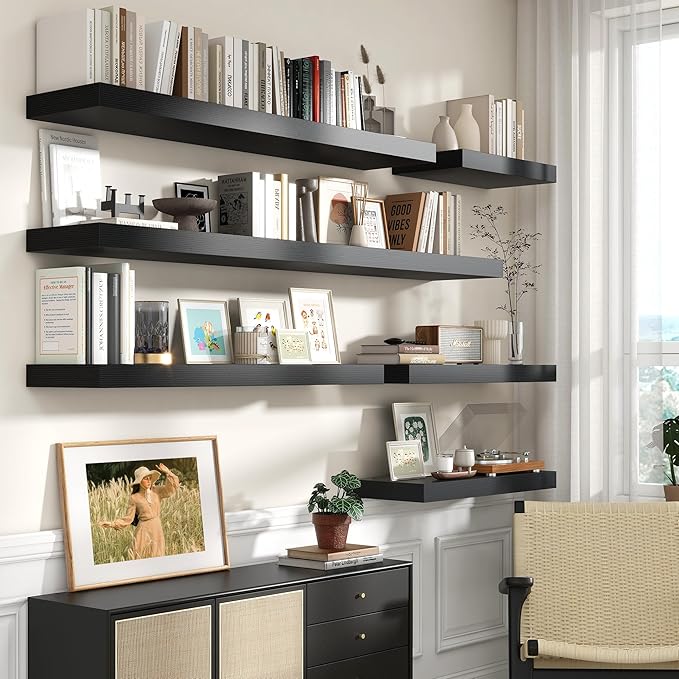Black Floating Shelves for Wall - 72 Inch Wide x 12 Inch Deep Wall Shelves Set of 1 - Rustic Black Wood Shelves for Living Room, Bathroom, Laundry Room, Bedroom, Kitchen, Home Office-Ruum Studio Home
