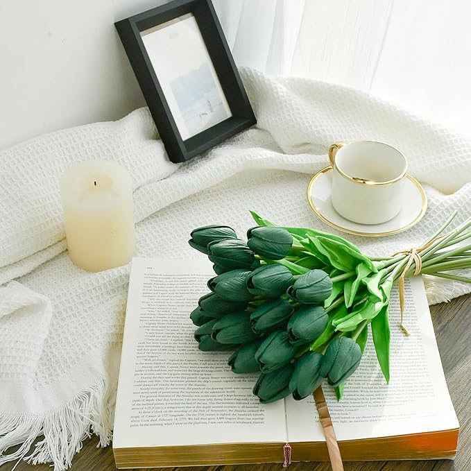 Mandy's Artificial Tulips 20 Stems Dark Green PU Faux Flowers for Wedding Home Decor 13.5 Inch-Ruum Studio Home