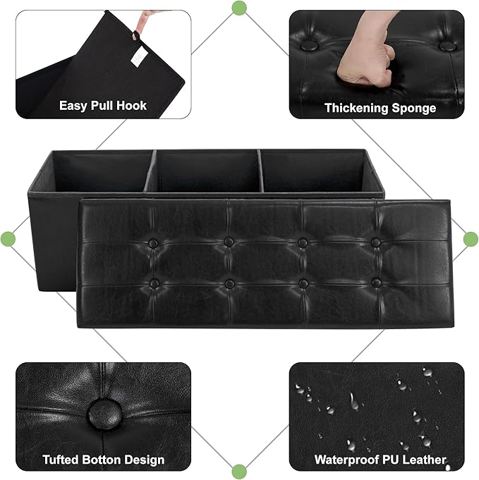 43 Inches Folding Storage Ottoman Bench, PU Leather Storage Chest, Footrest Padded Seat for Bedroom and Hallway, Holds up to 660 lbs, Black-Ruum Studio Home