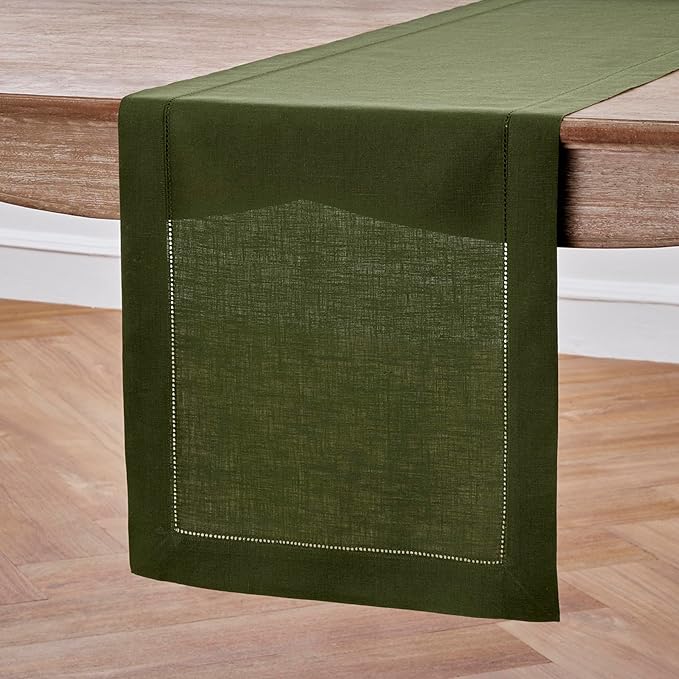 Solino Home Linen Olive Table Runner 108 Inches Long - 100% Pure Linen 14 x 108 Inch Table Runner for Fall, Autumn, Thanksgiving - Classic Hemstitch-Ruum Studio Home