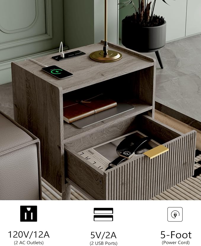 Nightstand,Modern Bedside Table with Storage Drawer and Open Wood Shelf, Accent Night Stand with Solid Wood Legs for Living Room, Bedroom and Small Spaces,Easy Assembly (Grey Oak-Outlet)-Ruum Studio Home