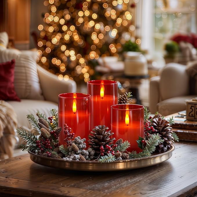 Homemory Red Glass Flameless Candles, Battery Operated LED Pillar Candles with Remote Control and Timer, Radiance Candles, Real Wax, Set of 3,D3 xH4 5" 6"-Ruum Studio Home