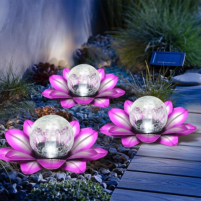LEWIS&WAYNE Solar Garden Lights Outdoor, 3 Pcs Purple Lotus Flower Pathway Lamps with Cool White Crackle Glass Globe Led Lights for Patio Pathway Yard Balcony Garden Decorations-Ruum Studio Home
