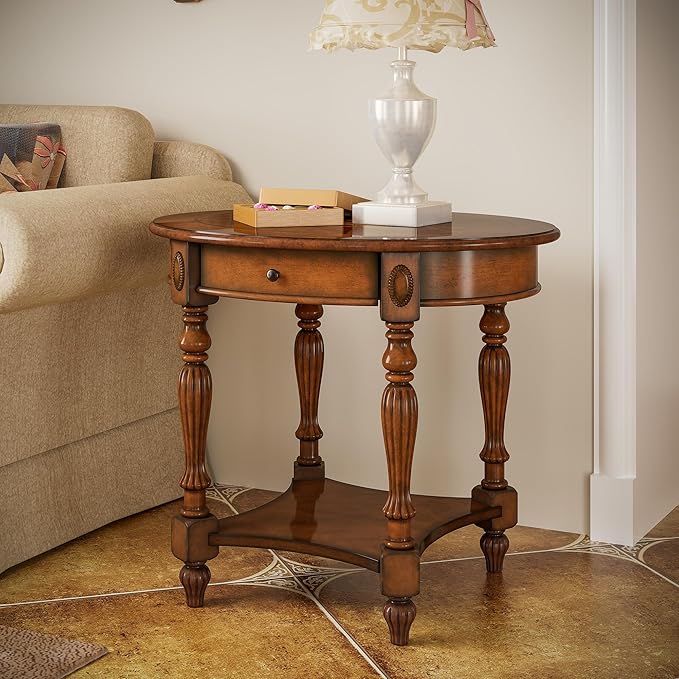 Solid Wood End Table with Drawer and Storage Shelf, Oval Sofa Side Table with Carved Legs, Living Room Corner Table, Large Beside Table, Elegant Vintage, No-Tools Assembly, Caramel Brown CJZ1533MG-Ruum Studio Home