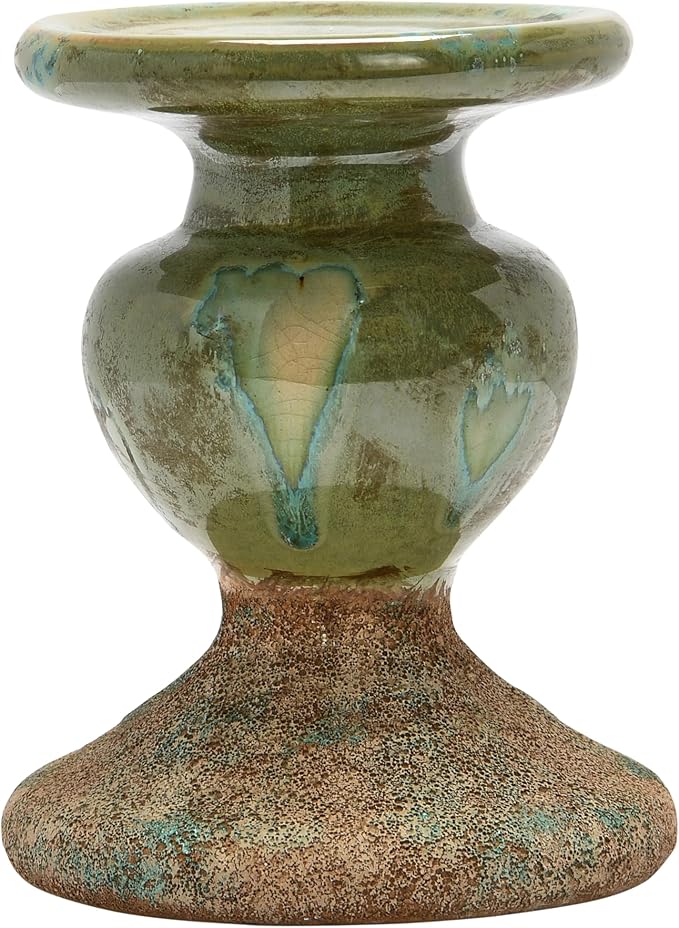 Creative Co-Op 2-Tone Sculptural Terracotta Pillar Candle Holder, Distressed Green-Ruum Studio Home