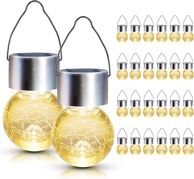 GIGALUMI 24 Pack Solar Outdoor Lights, Solar Hanging Lights for Christmas Decoration-Cracked Glass Solar Lights Outdoor Waterproof for Garden, Yard, Fence, Tree（Warm White）-Ruum Studio Home
