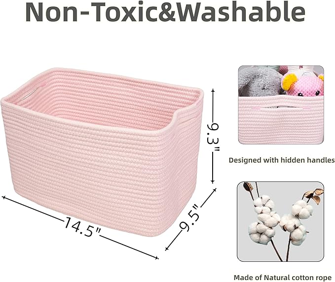 Cotton Rope storage Basket Bins Woven Basket for Organizing Shelves Rectangle Decorative Baskets For storage Clothes Toys Books Towels Square Wicker Nursery basket organizer 3 pack light pink-Ruum Studio Home