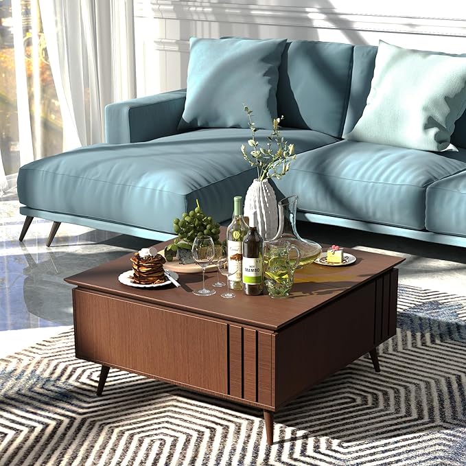 36.2" Lift Top Coffee Table with Storage, Large Square Coffee Tables with Hidden Compartment, Mid Century Modern Center Table for Home Office,Living Room,Dark Walnut-Ruum Studio Home