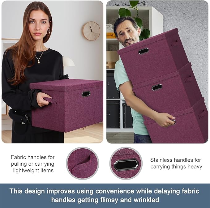 Large 17" 36 Quart Collapsible Stackable Storage Bins with Lids, 3 Packs Purple Linen Fabric Closet Boxes with Lids, Storage Cube Baskets Container Organizers for Bedroom Office (17x12x11)-Ruum Studio Home